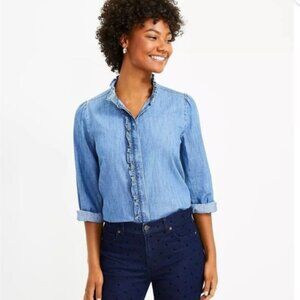 LOFT Women's Chambray Ruffle Button-down Shirt Size Large